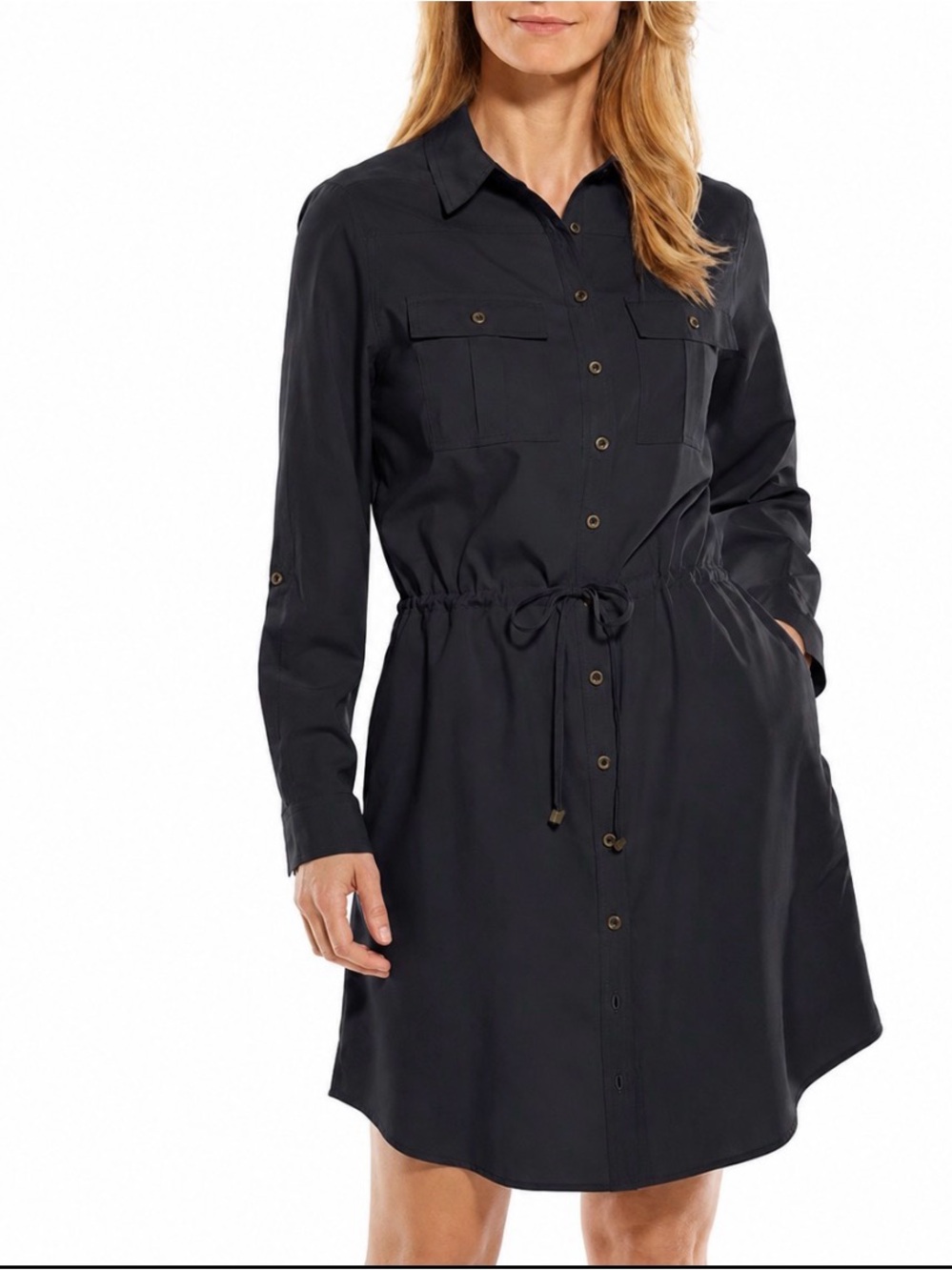 Coolibar Napa Travel Button Up Shirt Dress XL Black RollTab Sleeve UPF50 Classic